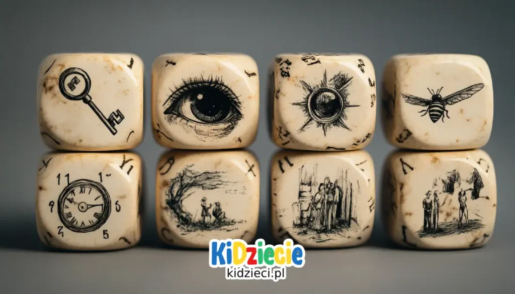 a set of nine story dice with each dice has a picture drawn on the top including a keyhole, people, aeroplane, eye, magnifying glass, a bee, and a clock